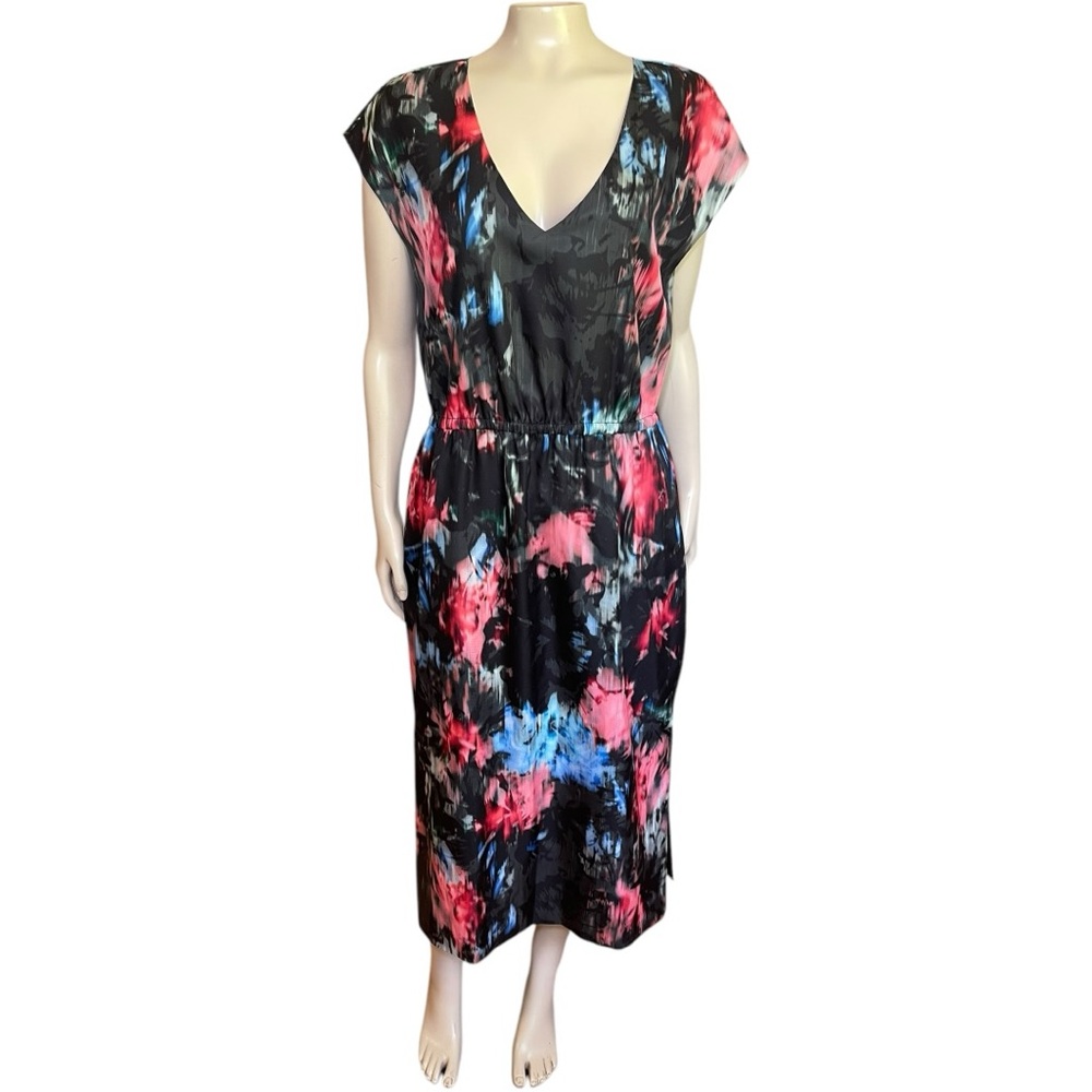 J. Crew Black/Pink/Blue Sheath Dress with Deep V-Neck and Dolman Cap Sleeves
